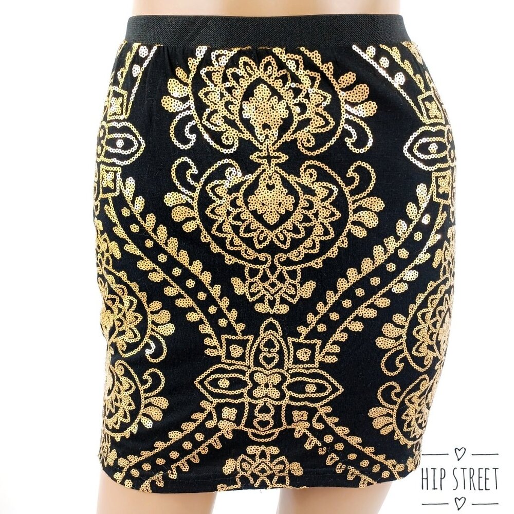 INTERI Gold Mini Sequin Medallion Pattern Stretch Mini Skirt L